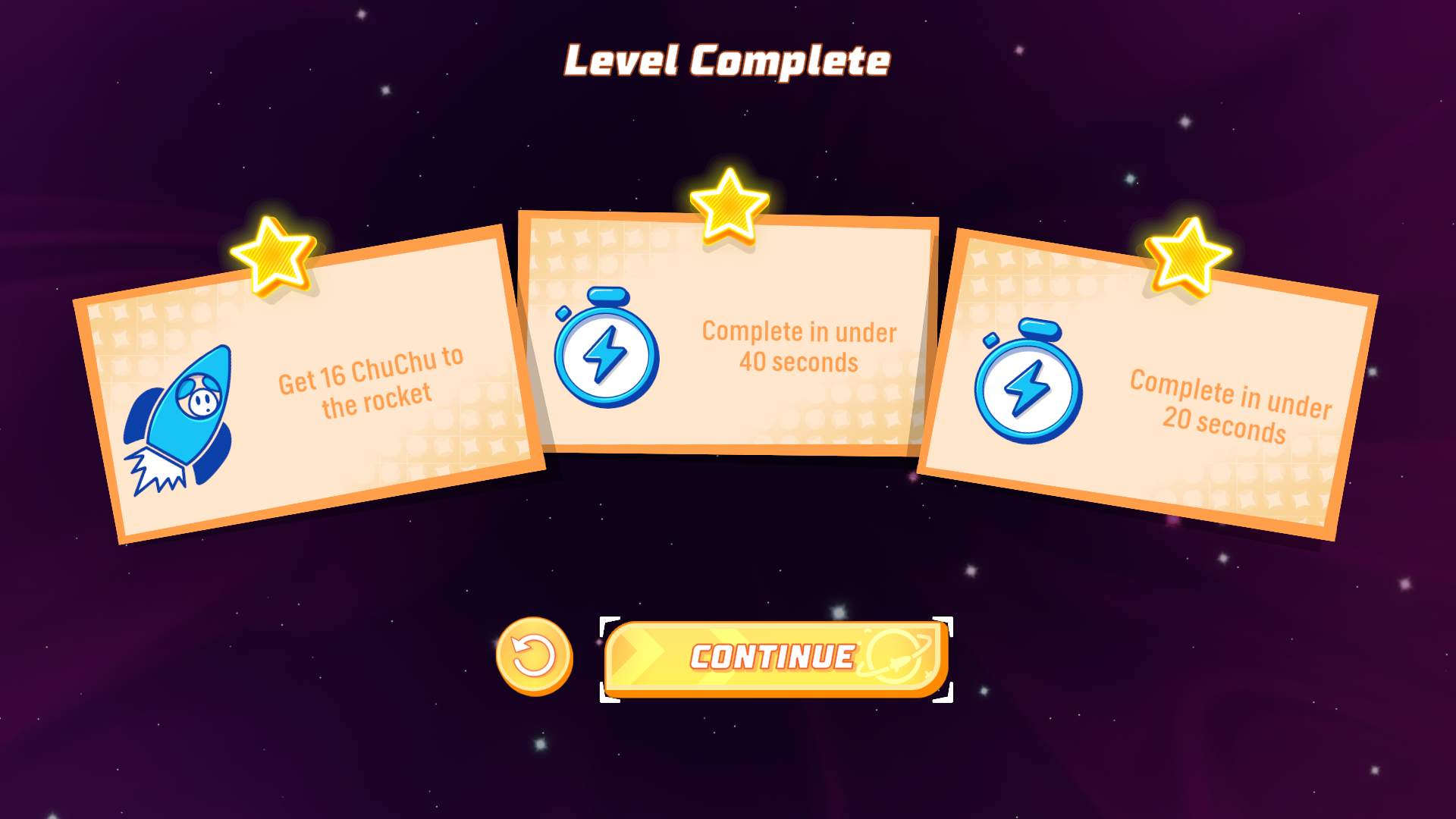 Level completion screen in ChuChu Rocket! Universe.