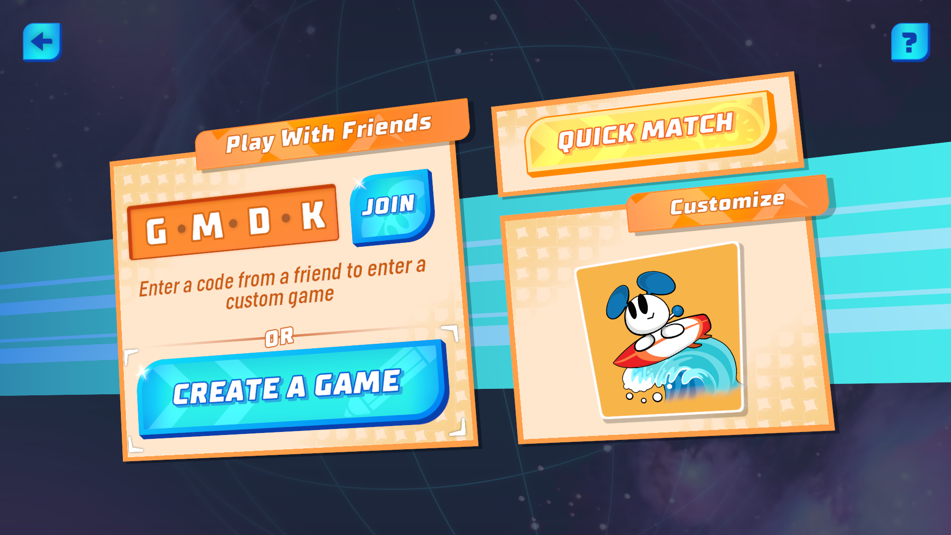 The multiplayer menu in ChuChu Rocket! Universe.