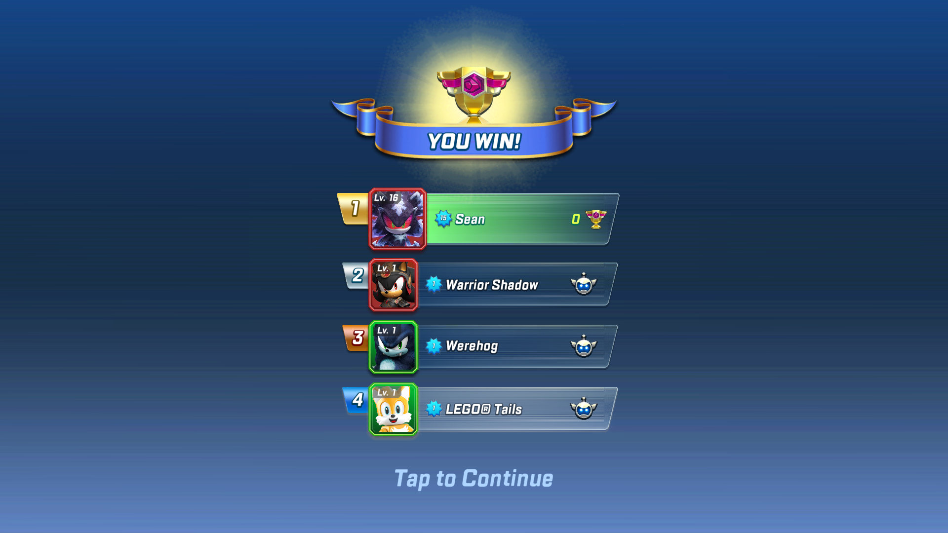 The race results screen in Sonic Forces.