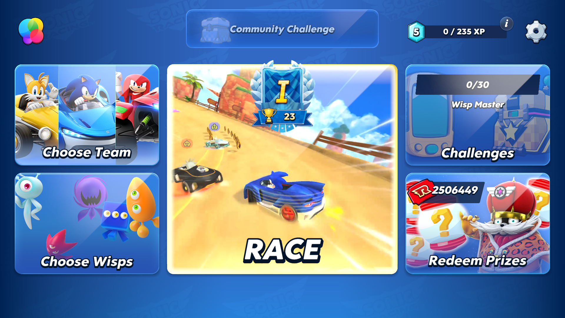 The main menu in Sonic Racing.