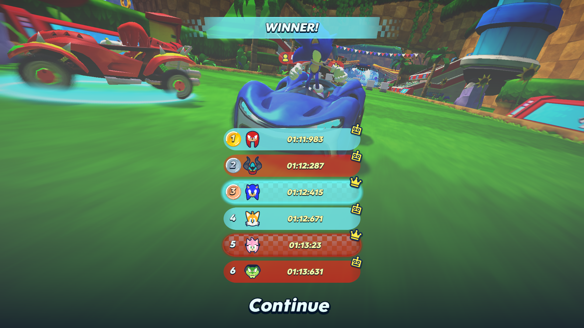 The race victory screen in Sonic Racing.